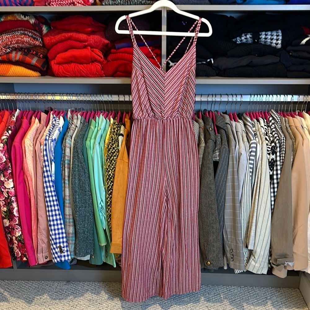 Rolla Coster pink/white striped v neck elastic waistband cropped jumpsuit size M